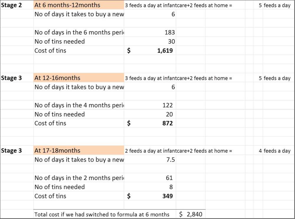 Cost of feeding formula from 6 to 18m